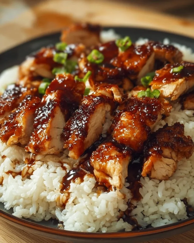 A delicious plate of Honey BBQ Chicken Rice garnished with fresh herbs