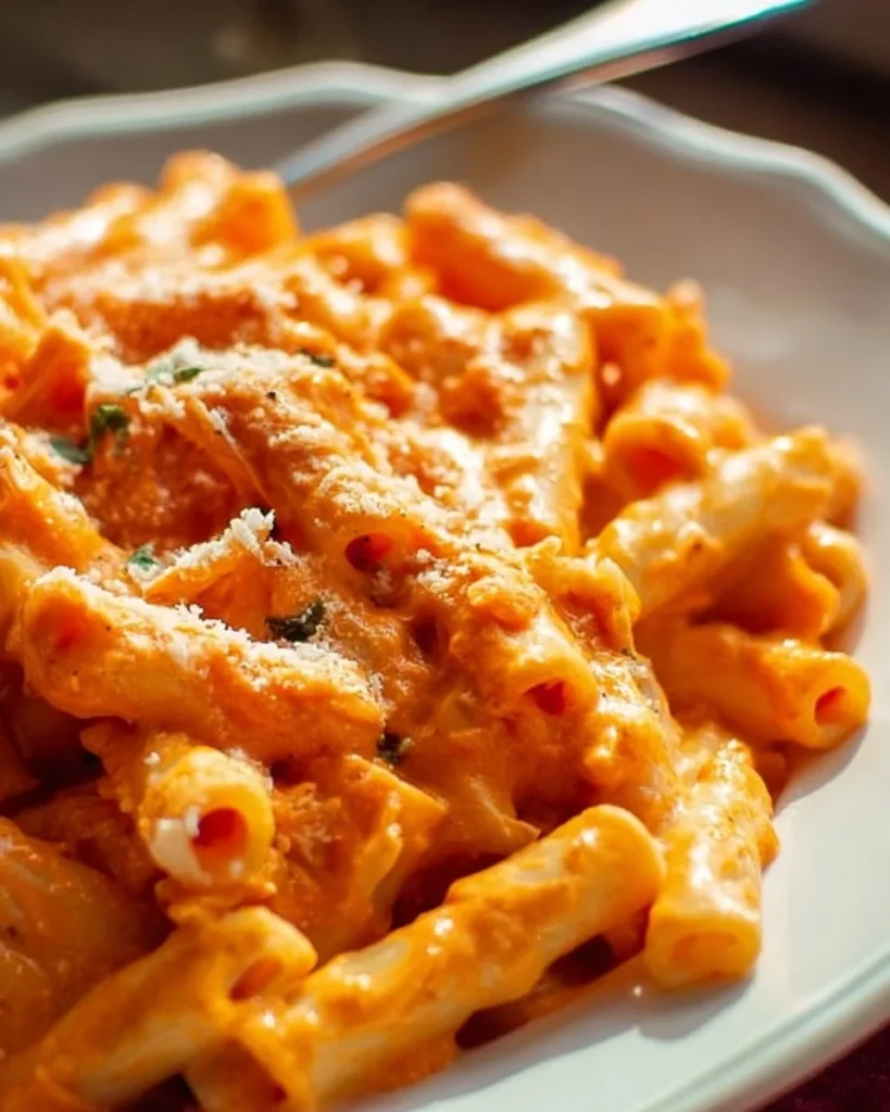 A bowl of Instant Pot Skinny Creamy Ziti topped with fresh herbs and cheese.