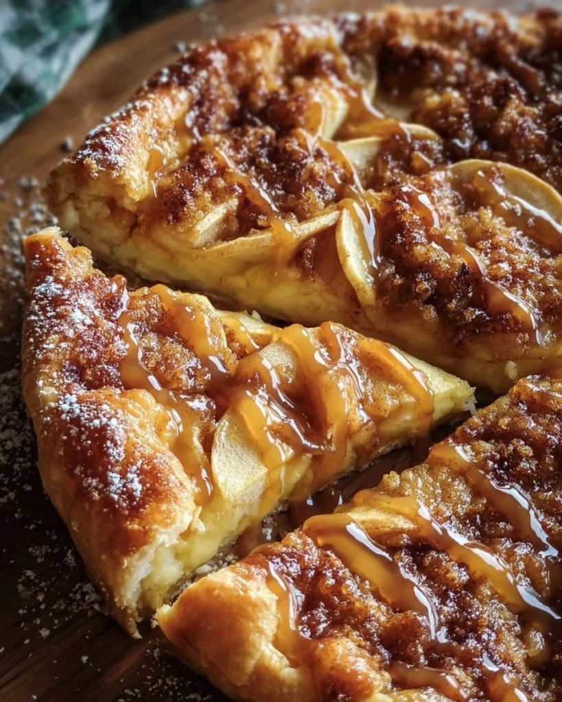 Deliciously baked apple crisp pizza topped with caramel and cinnamon.