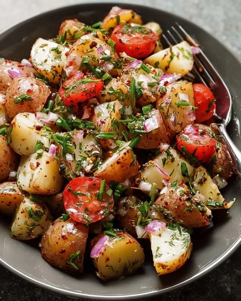 Delicious Balsamic Potato Salad with fresh herbs and vegetables