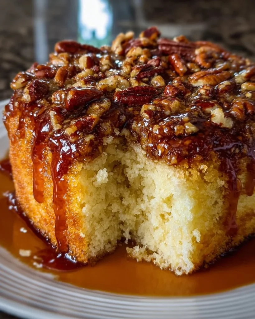 Slice of Butter Pecan Praline Poke Cake topped with nuts and caramel sauce