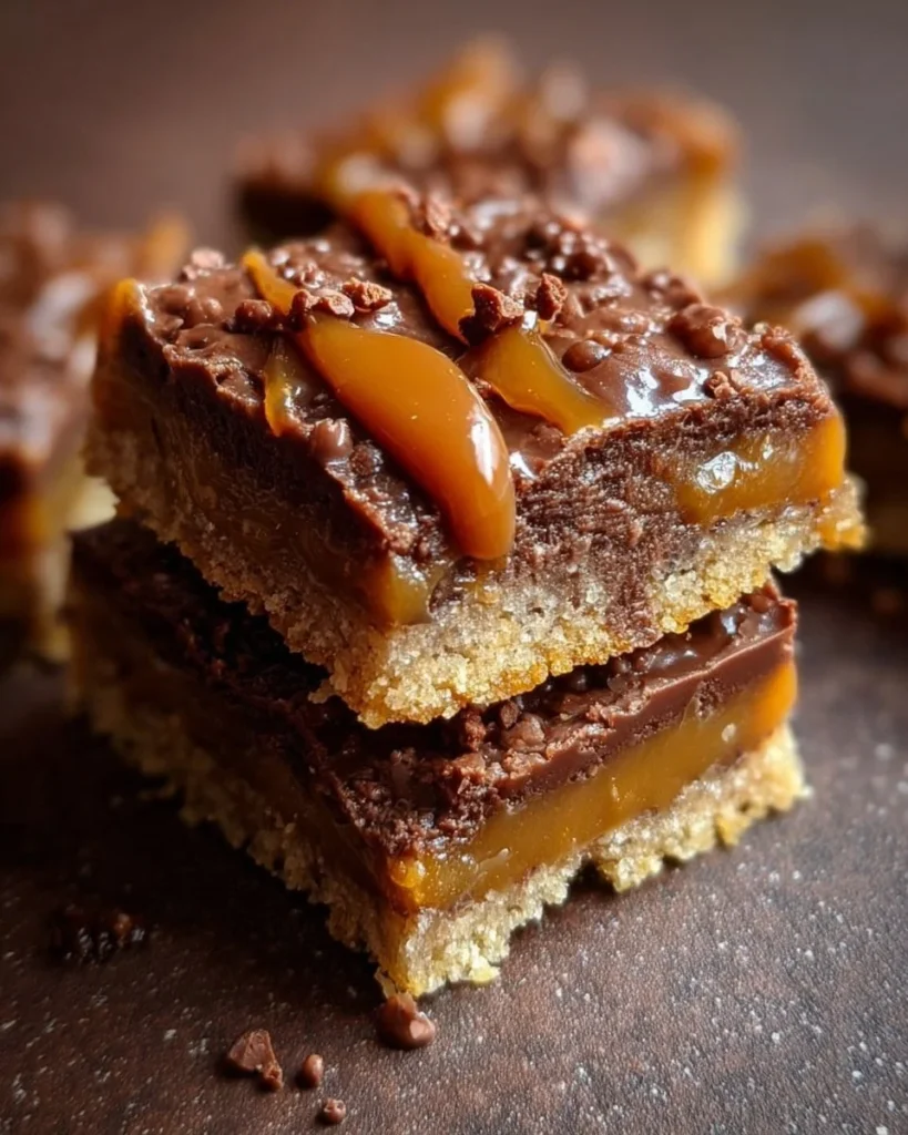 Delicious Caramel Chocolate Crunch Bars topped with nuts and drizzled chocolate