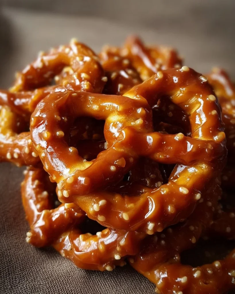 Delicious caramel pretzels drizzled with chocolate and topped with sea salt.