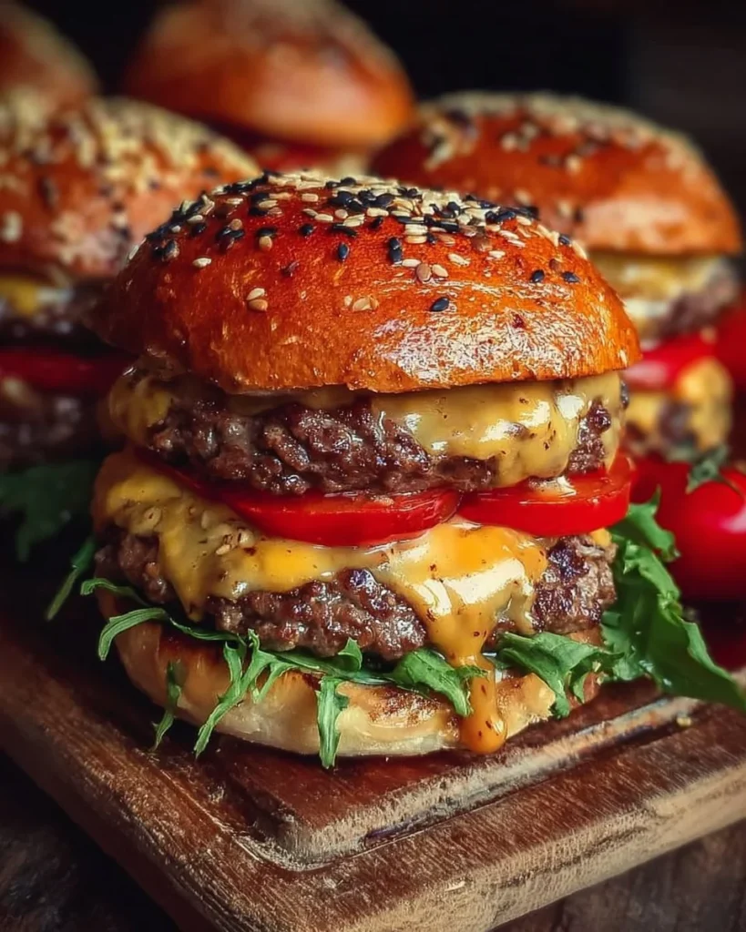 Delicious juicy beef burgers stacked high with fresh toppings