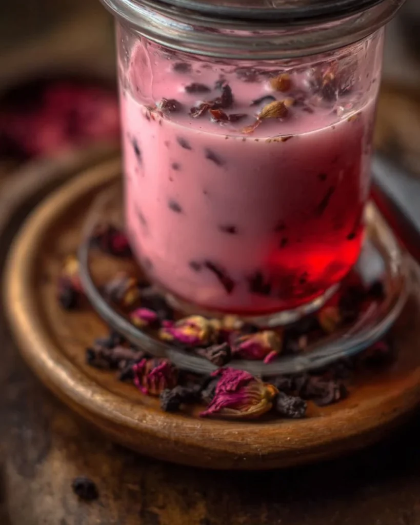A cup of Kashmiri Pink Tea garnished with spices and nuts, highlighting its unique color.