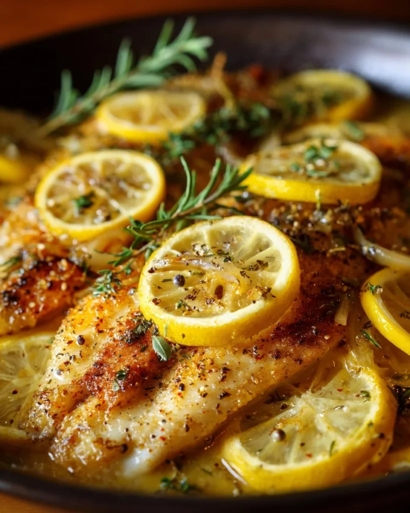 Lemon butter baked tilapia served with fresh herbs and lemon slices