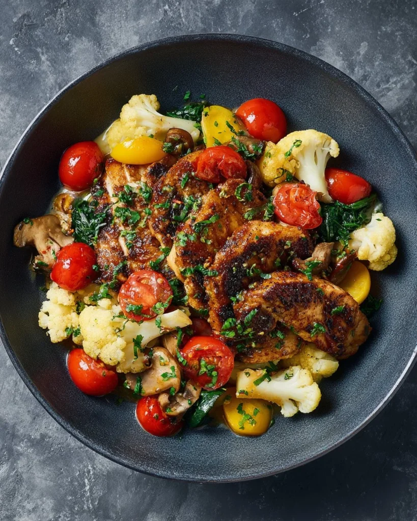 Plate of colorful low calorie meals including vegetables and lean proteins.