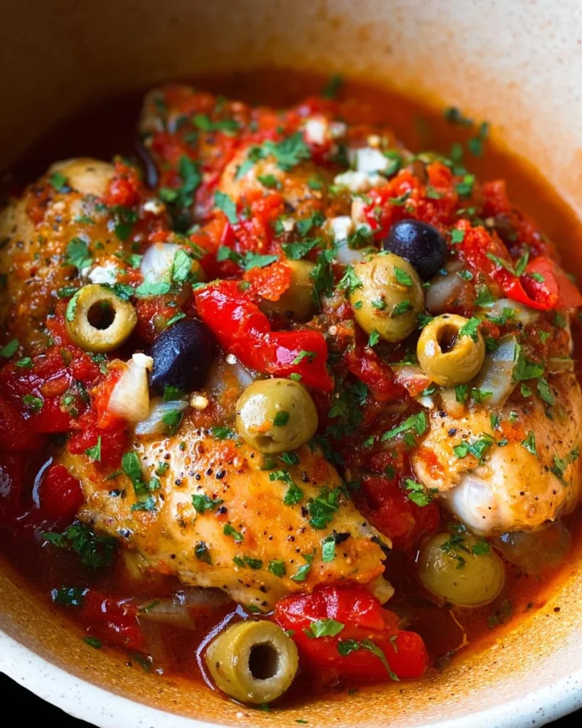 Delicious plate of Mediterranean Chicken garnished with herbs and olives.