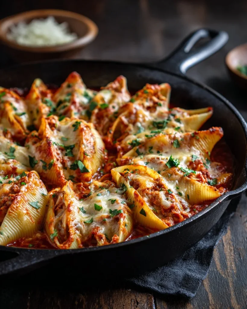 Plate of Mexican stuffed shells topped with enchilada sauce and garnished with cilantro