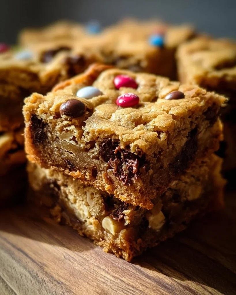 Delicious Monster Cookie Bars with peanut butter, oats, and chocolate chips
