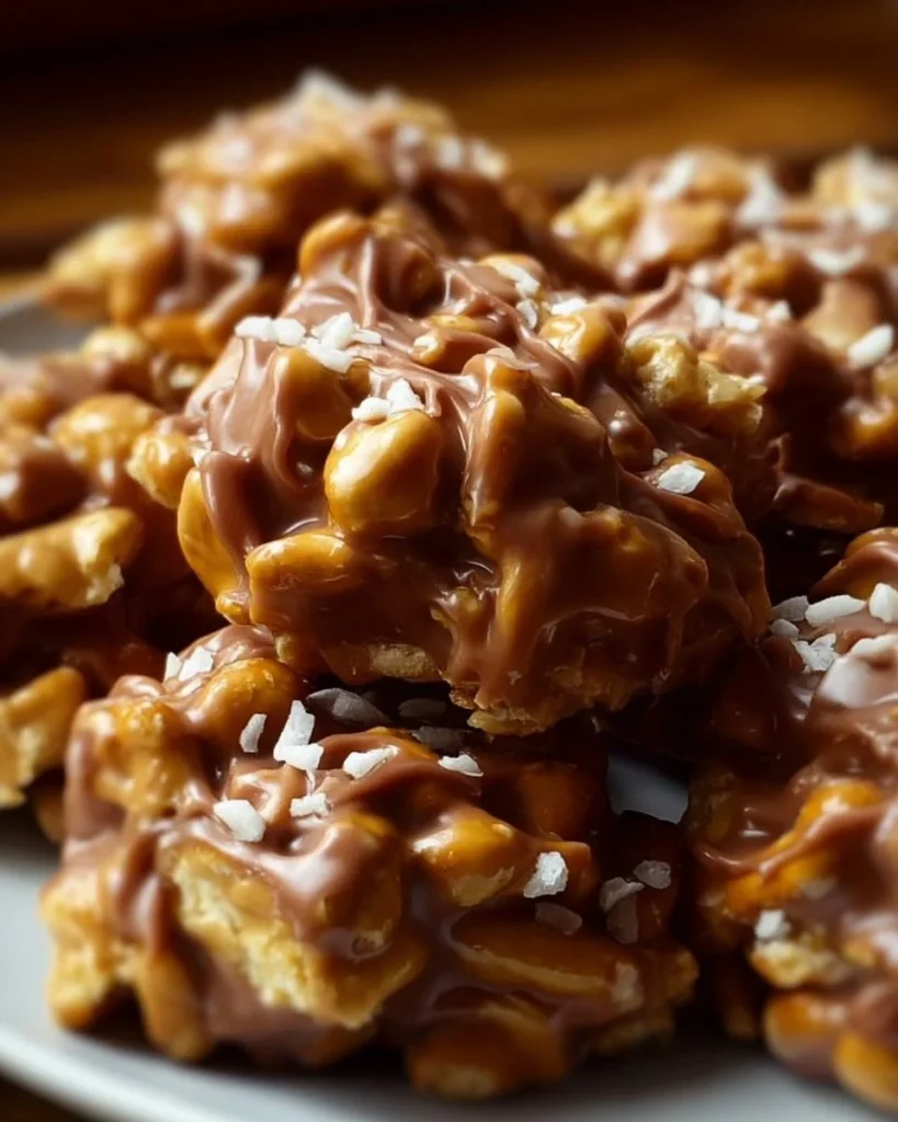 Delicious no-bake peanut butter pretzel clusters recipe.