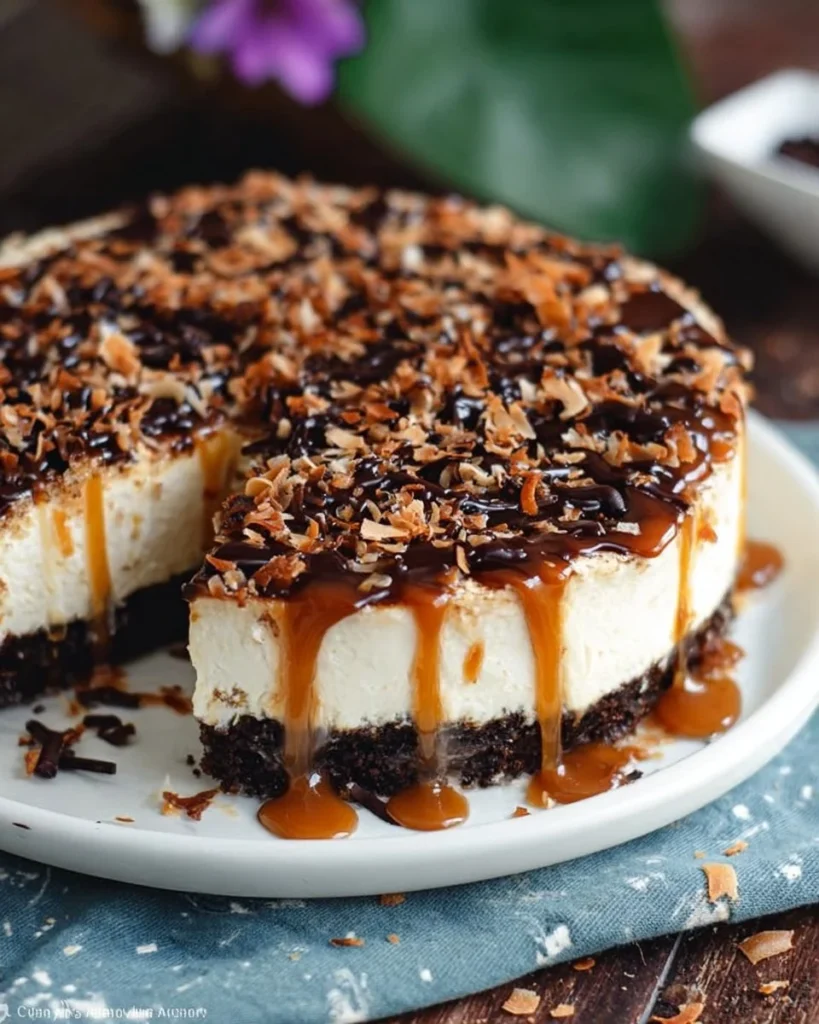 Delicious no bake Samoa cheesecake topped with caramel and coconut.
