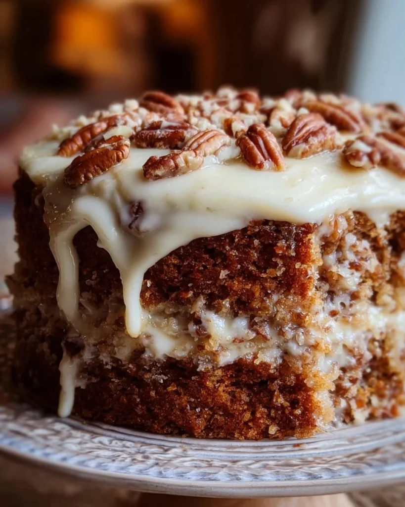 Slice of old-fashioned hummingbird cake topped with cream cheese frosting