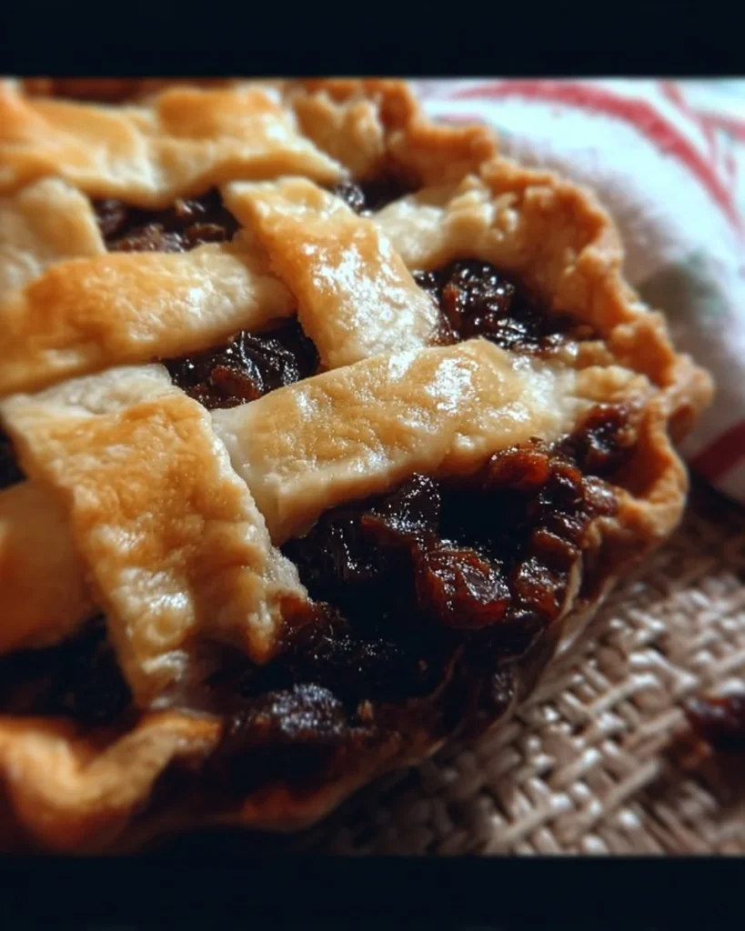 Delicious old fashioned raisin pie topped with whipped cream