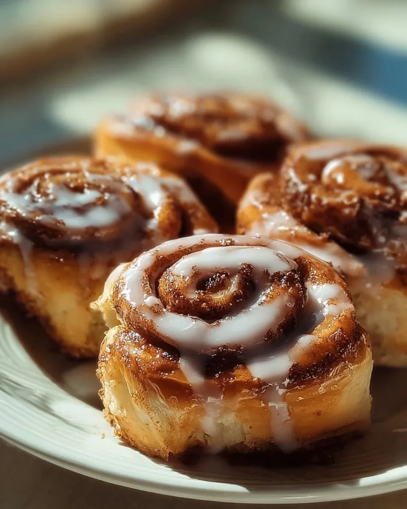 Delicious one hour cinnamon rolls topped with icing on a wooden table