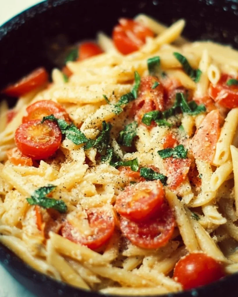 One pot tomato basil pasta dish garnished with fresh basil and parmesan cheese
