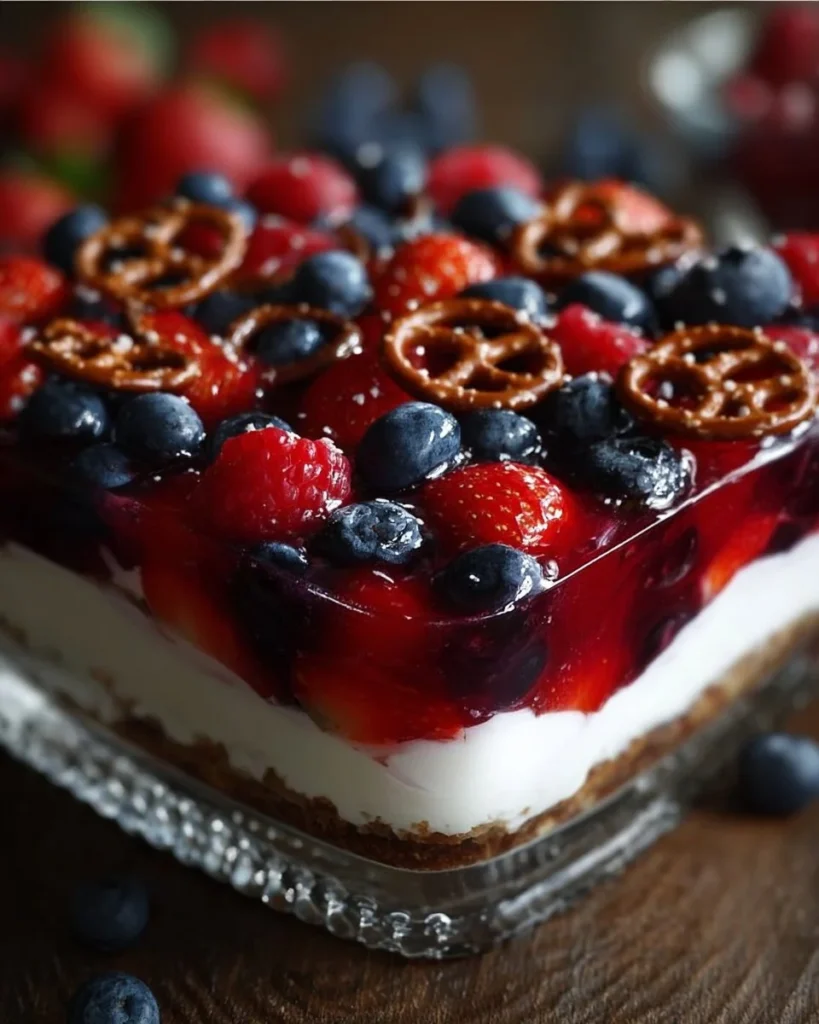 Patriotic Berry Pretzel Salad layered with berries and pretzel crust
