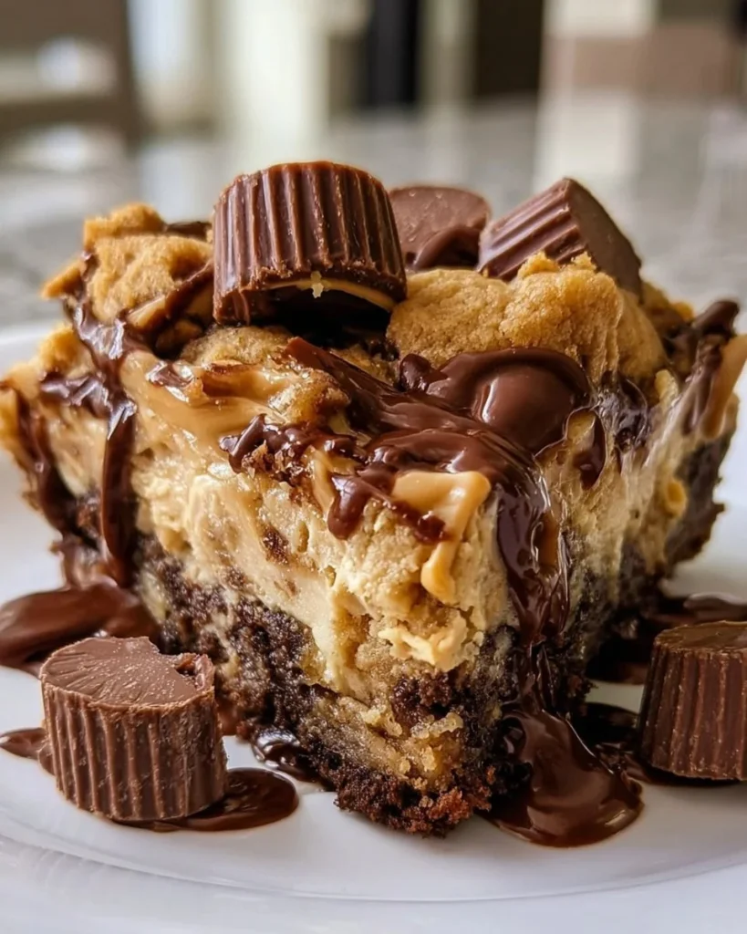 Slice of Peanut Butter Cup Dump Cake topped with chocolate and peanut butter cups.