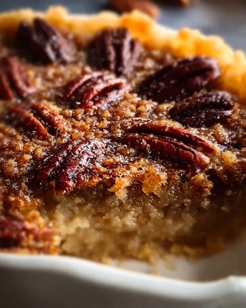 Delicious Pecan Pie Dump Cake topped with pecans and caramel sauce.