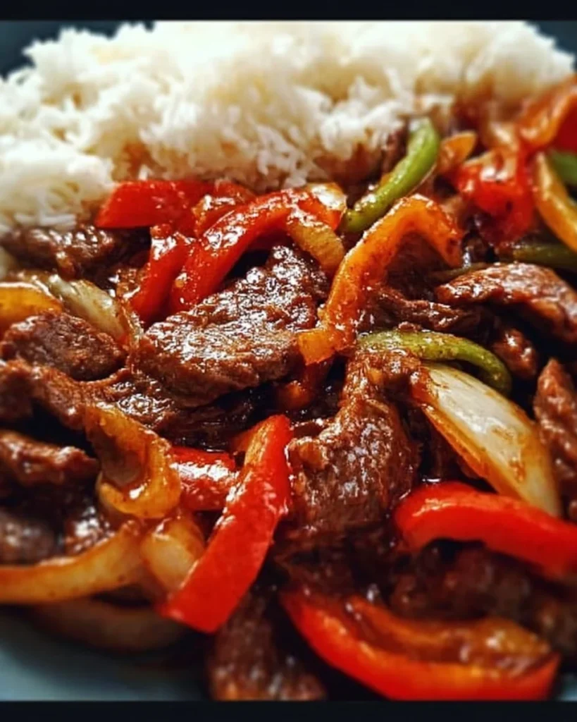 Delicious pepper steak dish with bell peppers and onions on a plate