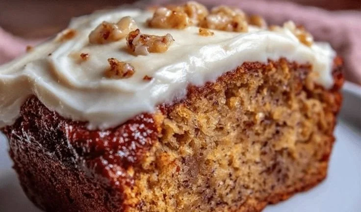 Sliced perfect banana cake with cream cheese frosting on a white plate