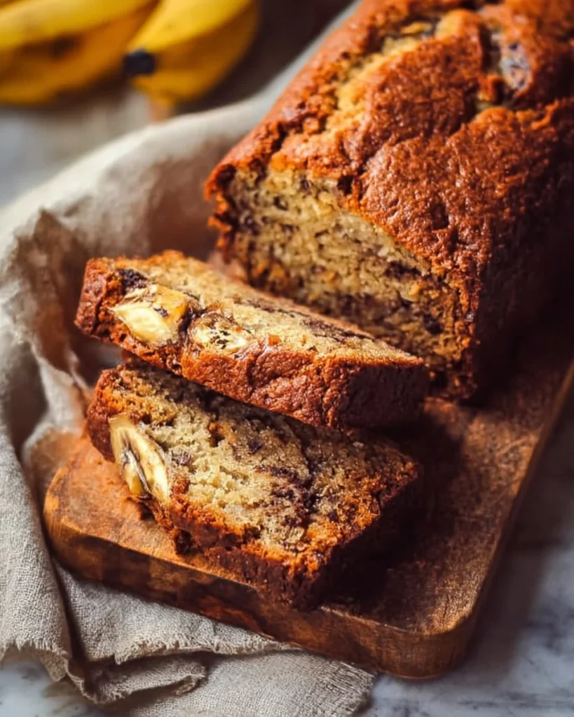 Sliced high protein banana bread on a wooden cutting board