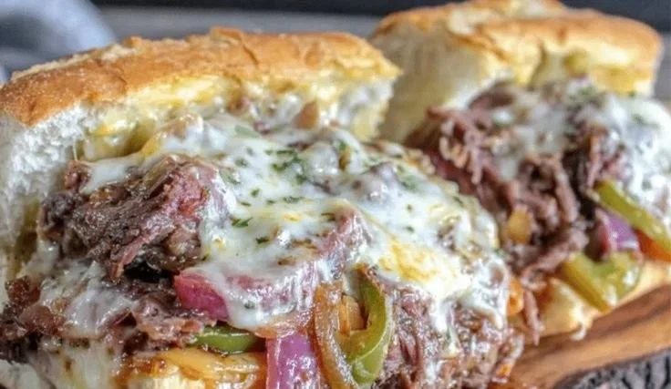 Delicious Philly Cheesesteak sandwich with beef, cheese, and fresh toppings