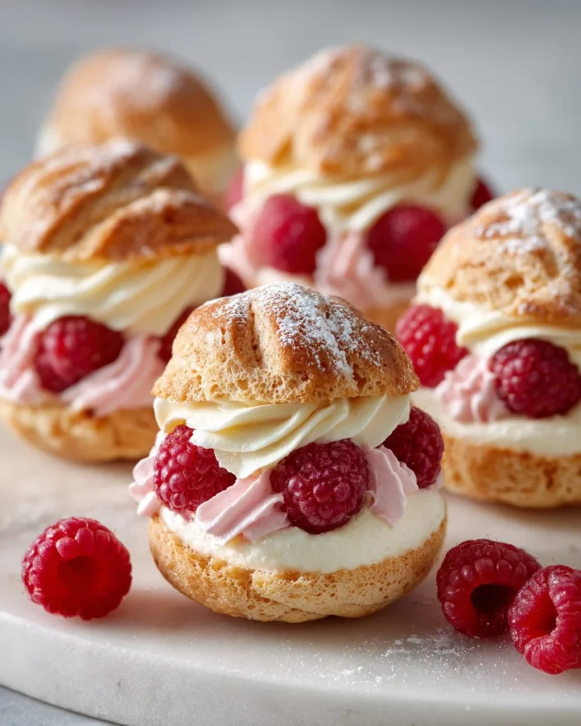 Raspberry Cheesecake Cream Puffs topped with fresh raspberries and cream
