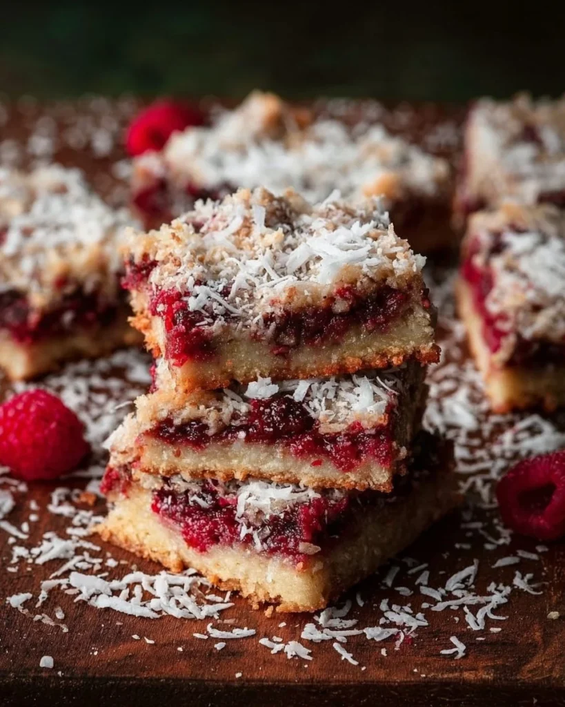 Delicious Raspberry Coconut Magic Bars stacked on a plate