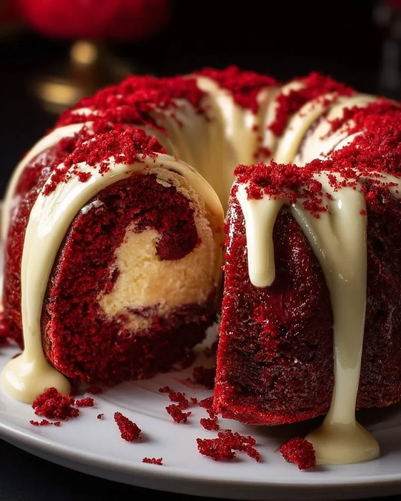 Delicious Red Velvet Cheesecake Bundt Dump Cake served on a decorative plate