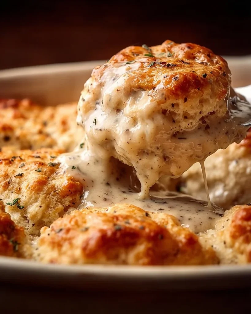 Delicious biscuits and gravy casserole served on a plate without sausage
