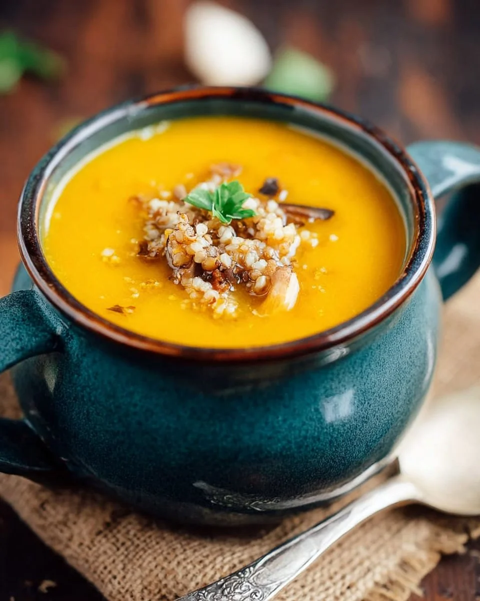 Bowl of Rustic Italian Butternut Squash Soup garnished with herbs.