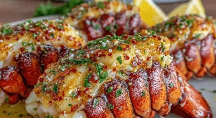 Savory baked lobster tails garnished and ready to serve