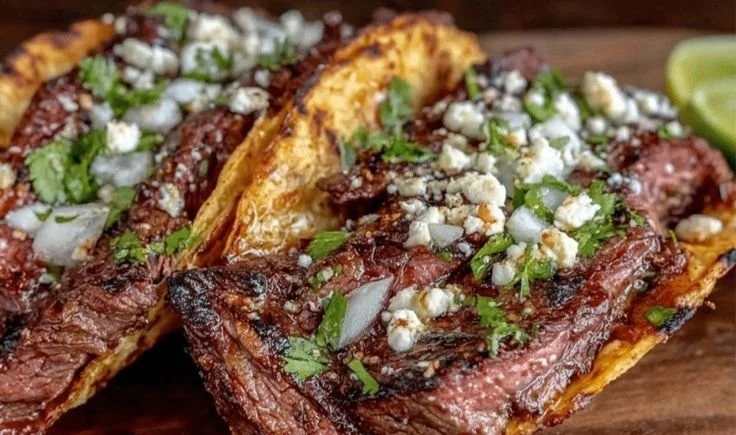 Savory grilled beef tacos topped with fresh ingredients and served on a plate