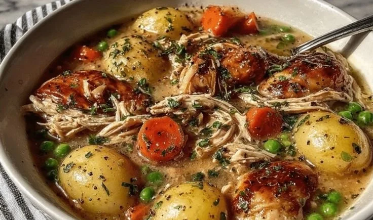Savory slow cooker chicken stew with vegetables and herbs in a bowl