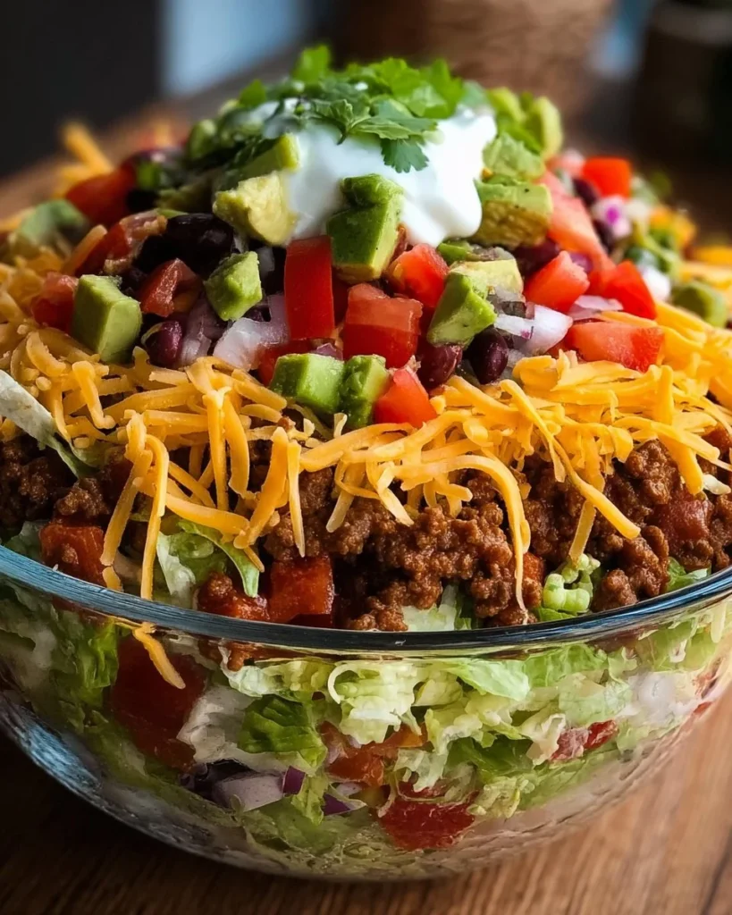 Delicious Seven-Layer Taco Salad with vibrant ingredients and flavors