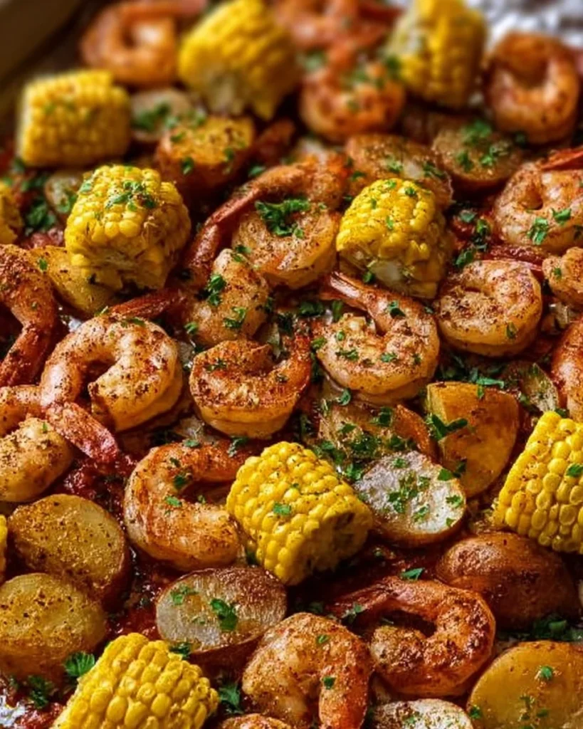 Sheet pan shrimp boil with potatoes and corn on a baking sheet fresh from the oven