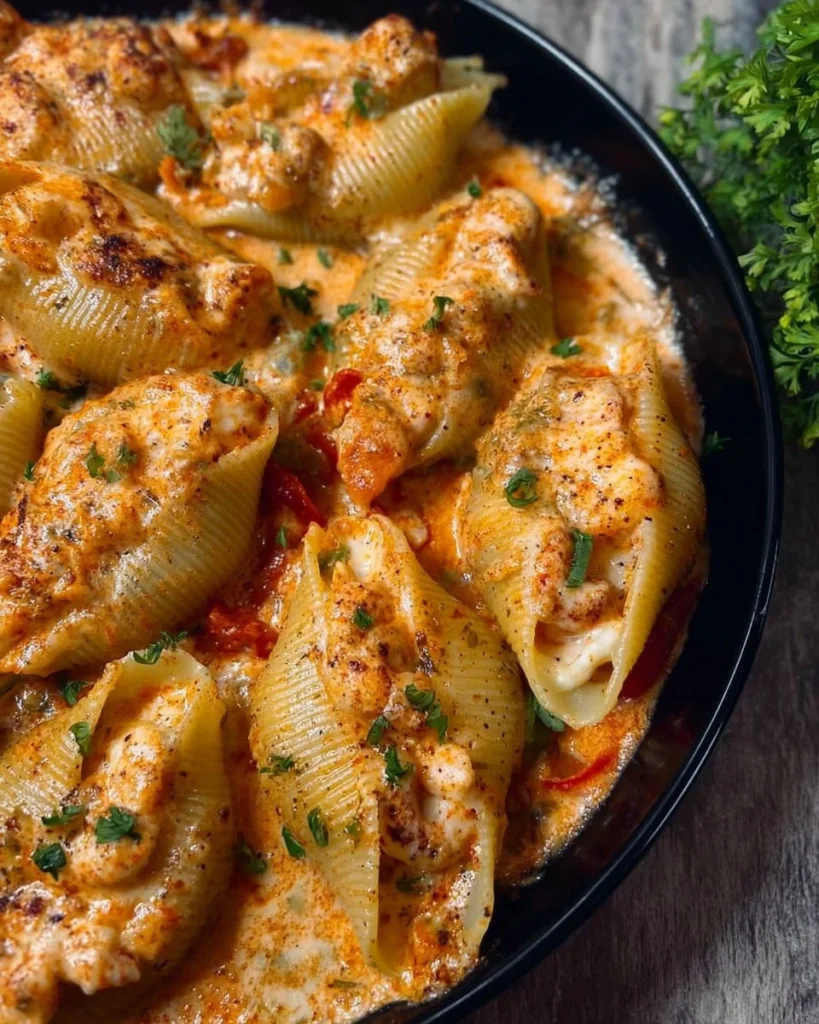 Delicious shrimp stuffed pasta shells topped with marinara sauce and cheese.