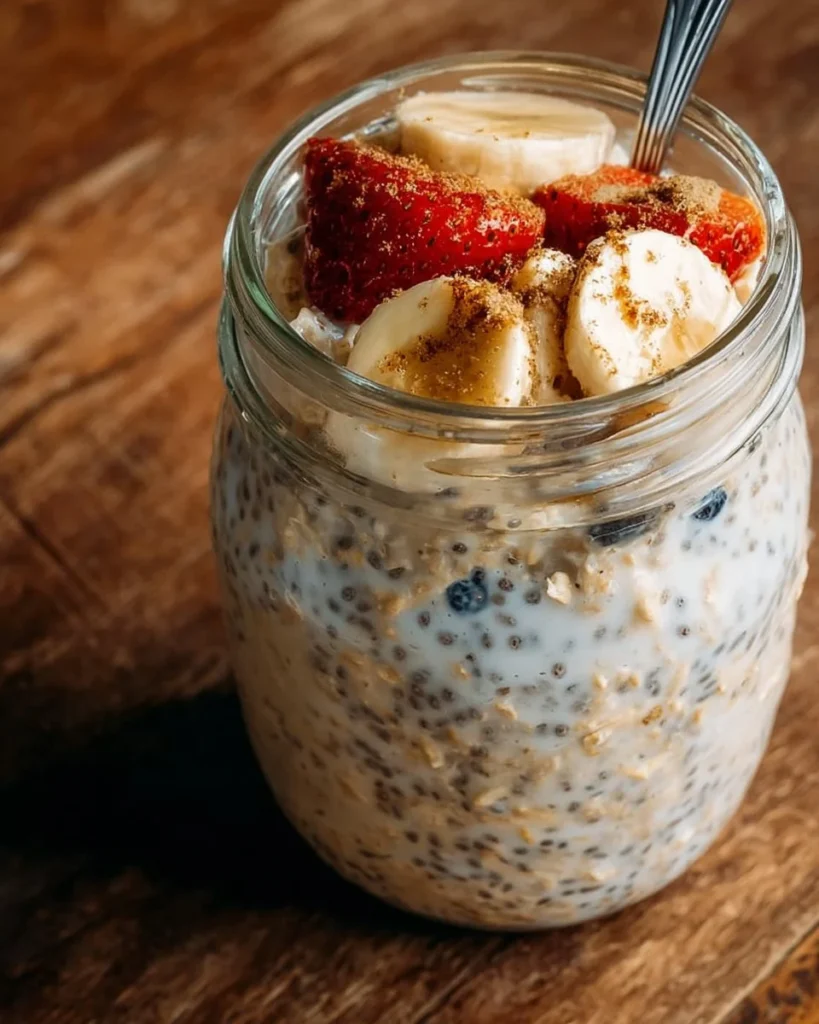 Bowl of cinnamon overnight oats topped with chia seeds and fruit