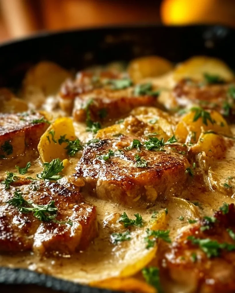 Smothered beef steak casserole with scalloped potatoes, showcasing a hearty meal.
