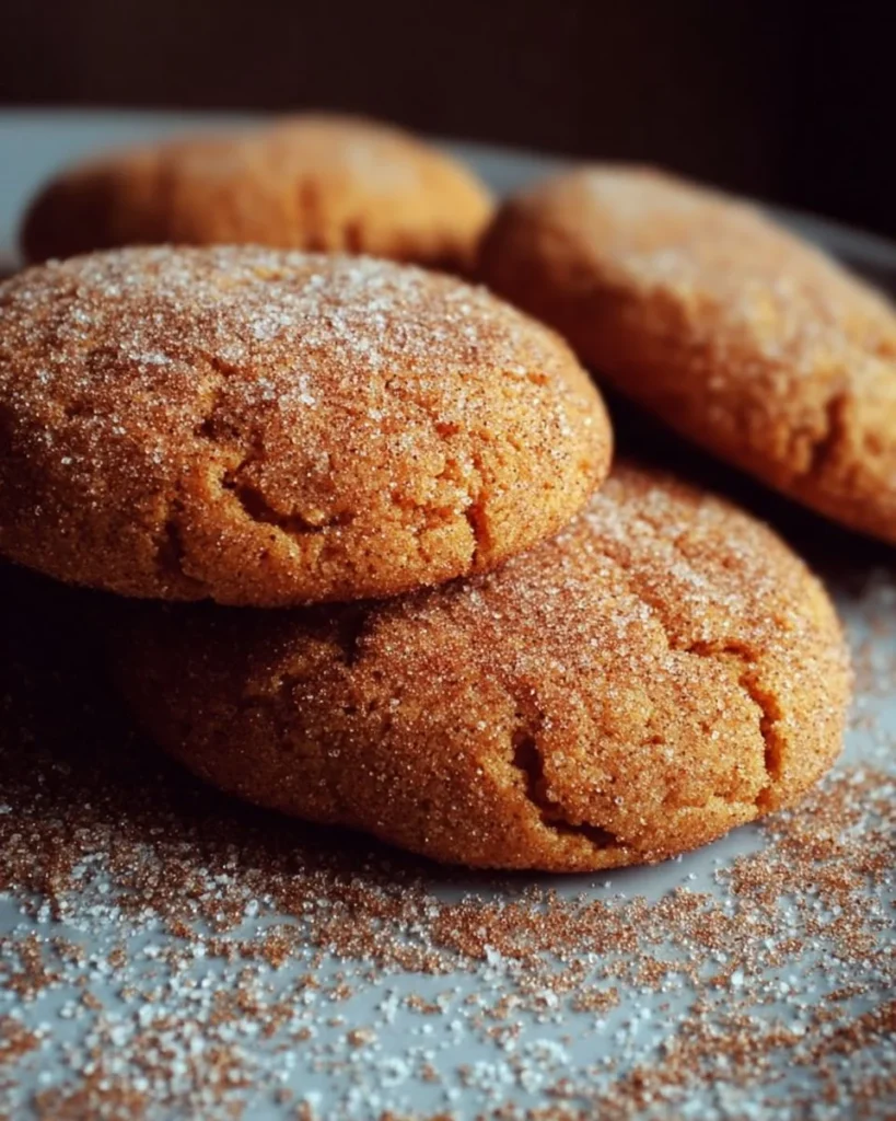 Soft pumpkin spice sugar cookies with a cinnamon-sugar coating on a plate.