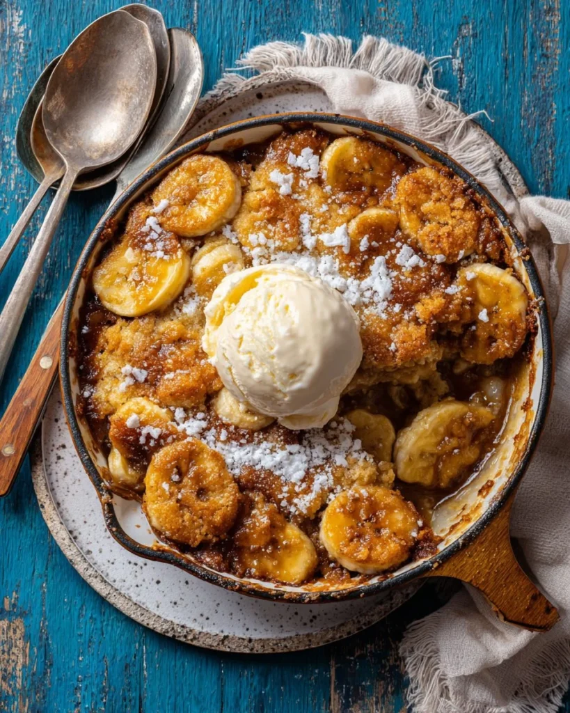 Delicious Southern Banana Cobbler with fresh bananas and golden crust.