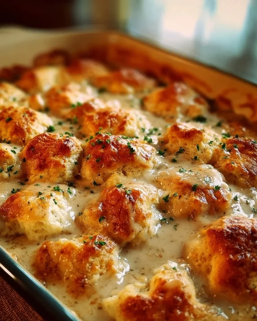 Southern Biscuits and Gravy Casserole served in a baking dish