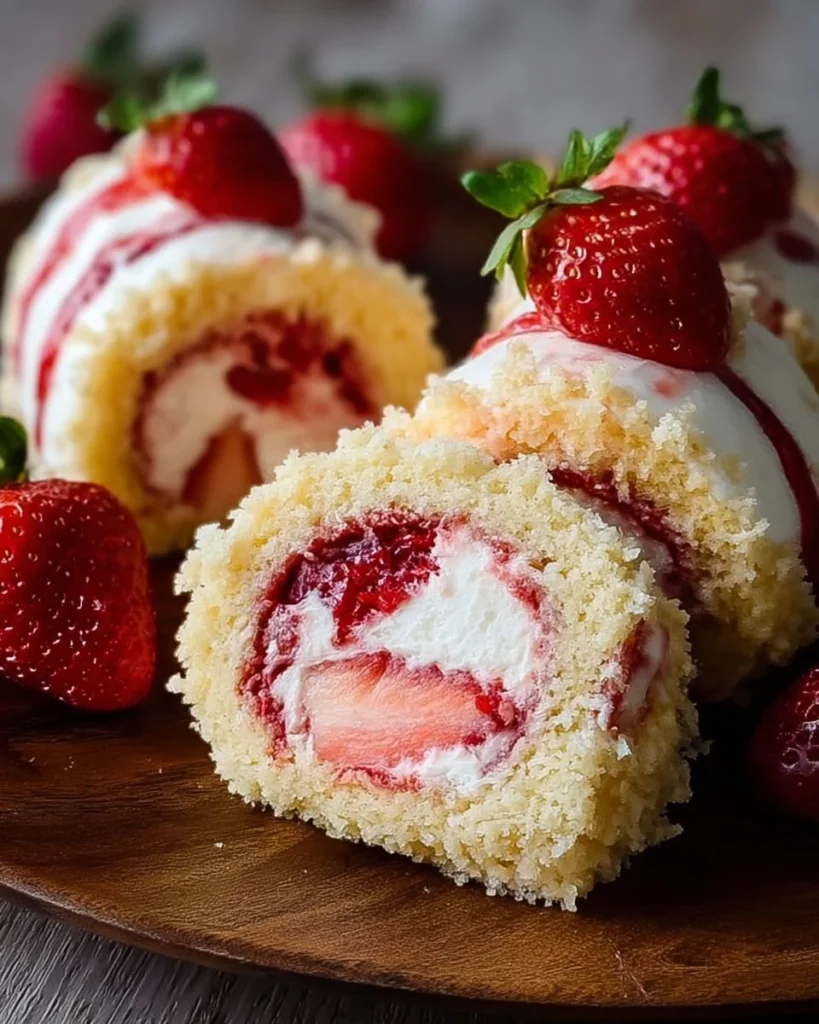 Delicious strawberry shortcake cheesecake rolls with fresh strawberries and whipped cream.
