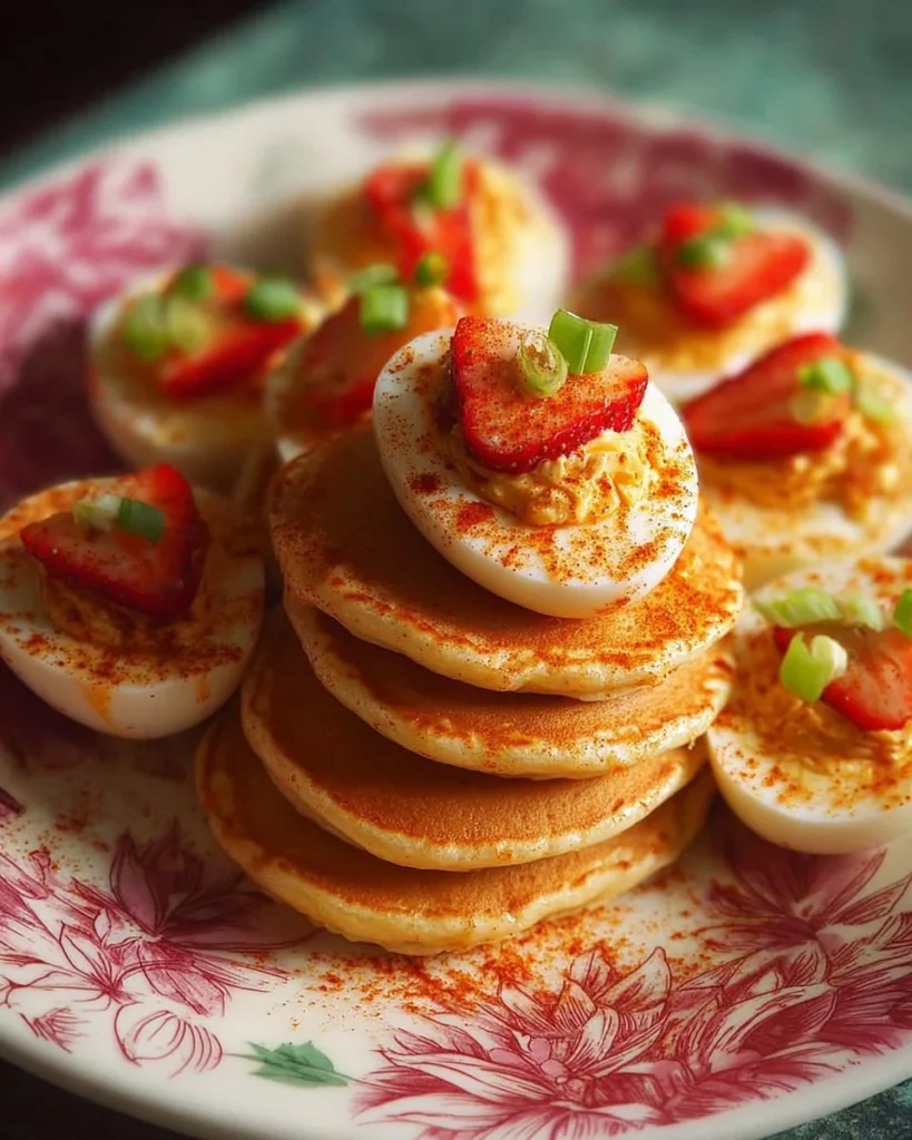 Delicious strawberry vanilla pancakes with fresh strawberries and whipped cream