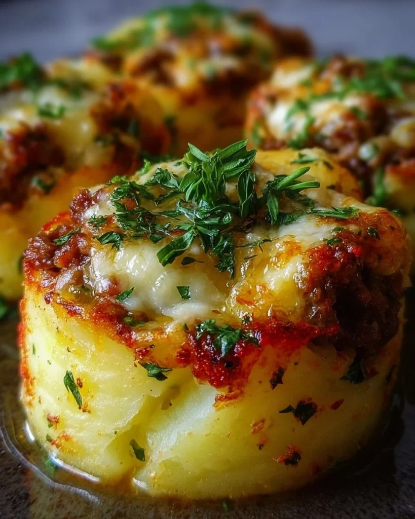 Delicious stuffed mashed potato nests topped with herbs and cheese
