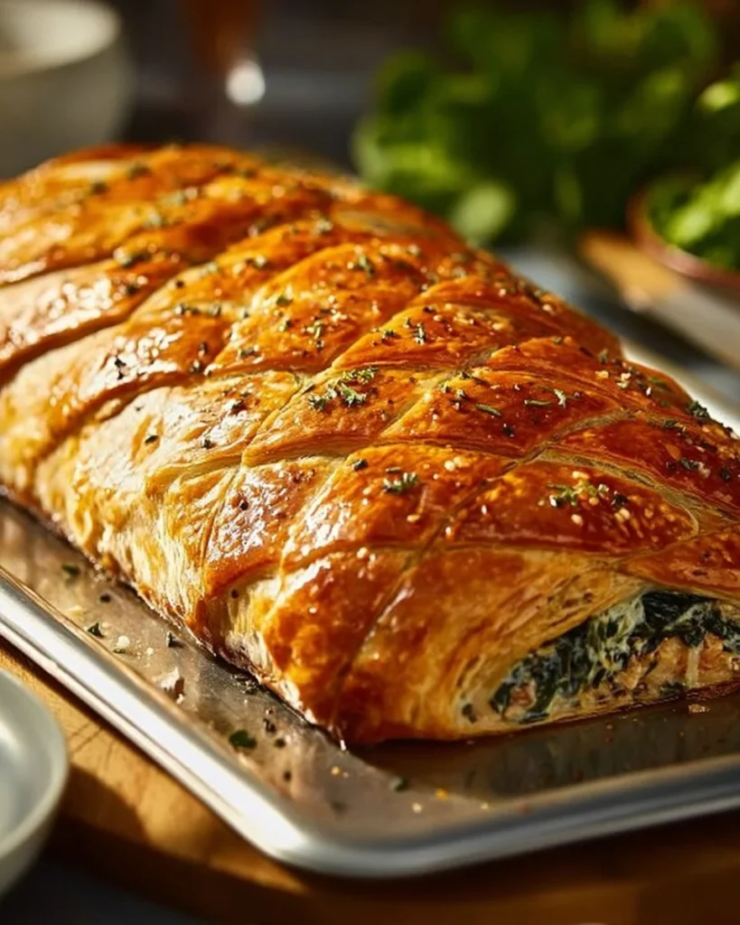 Delicious Stuffed Salmon Wellington plated elegantly