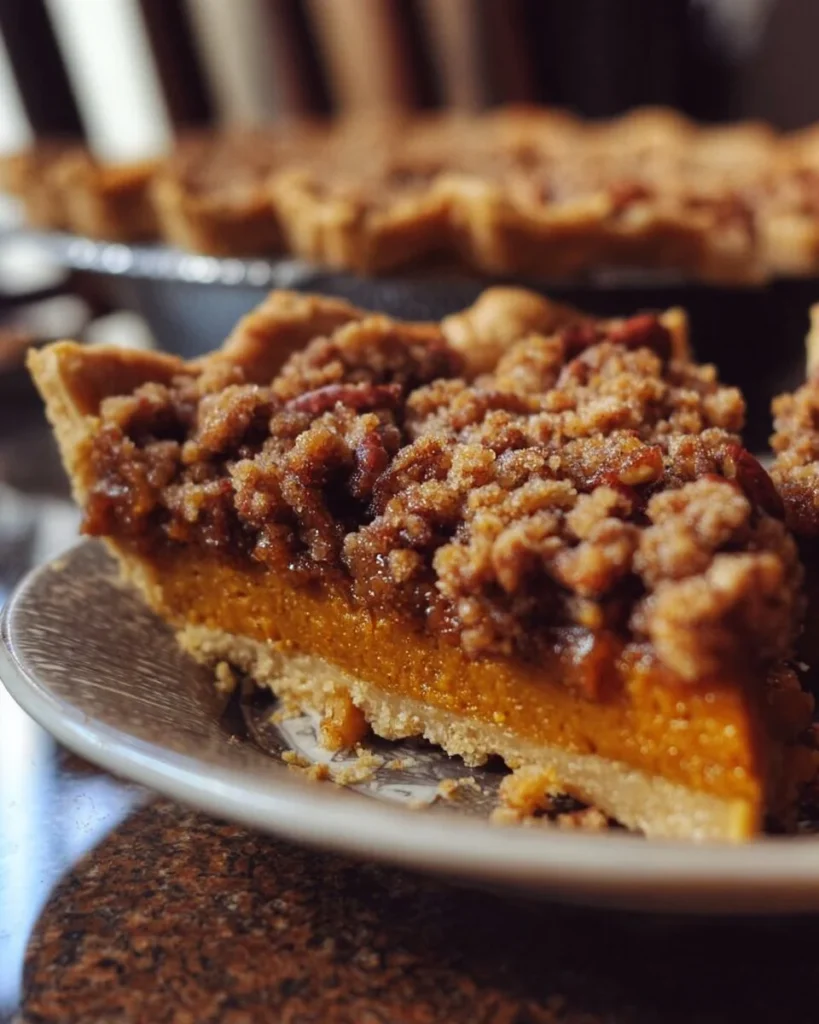 Sweet potato pie topped with pecan praline crunch, showcasing a delicious dessert dish.