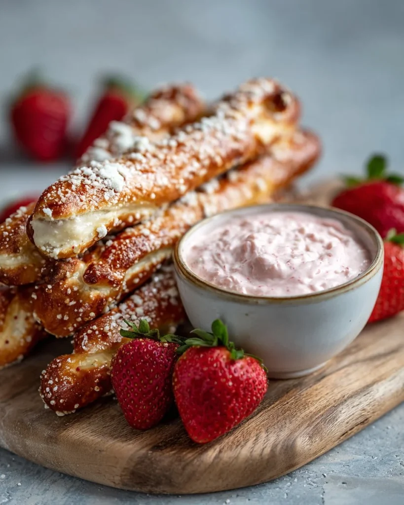 Sweet pretzel sticks with strawberry cream cheese dip served on a plate
