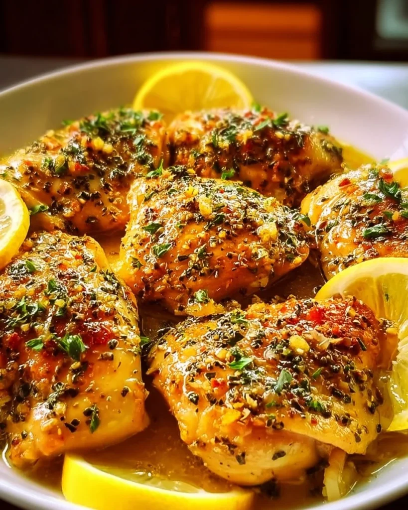 Crockpot lemon garlic chicken garnished with herbs and served on a plate